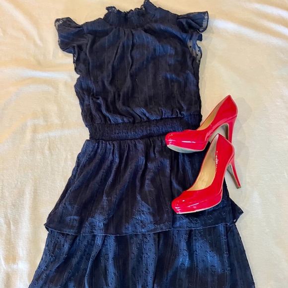 Dark blue, high neck, tier dress by Fortune and Ivy size MP w/ flutter sleeves - Picture 13 of 13